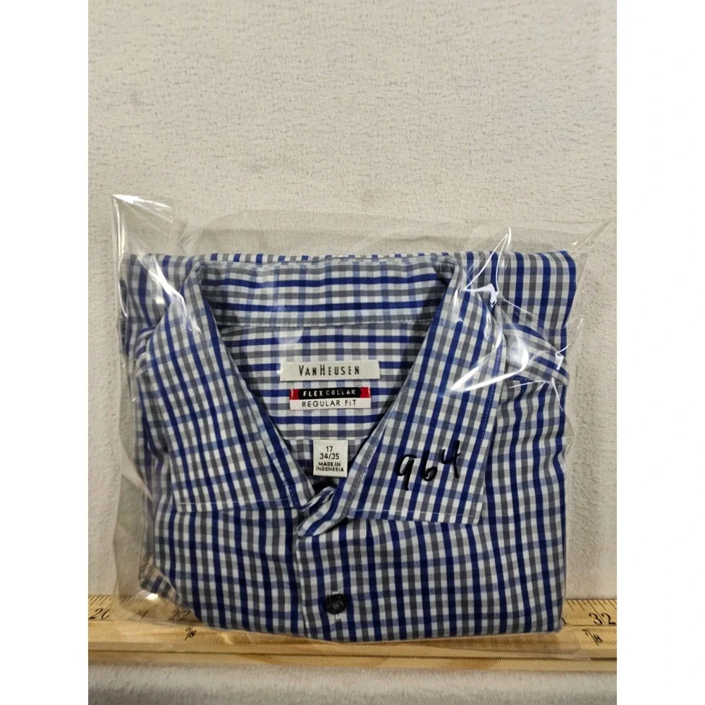 Van Heusen Mens Flex Collar‎ Regular Fit Gingham Dress Shirt Blue Grey 17 34/35